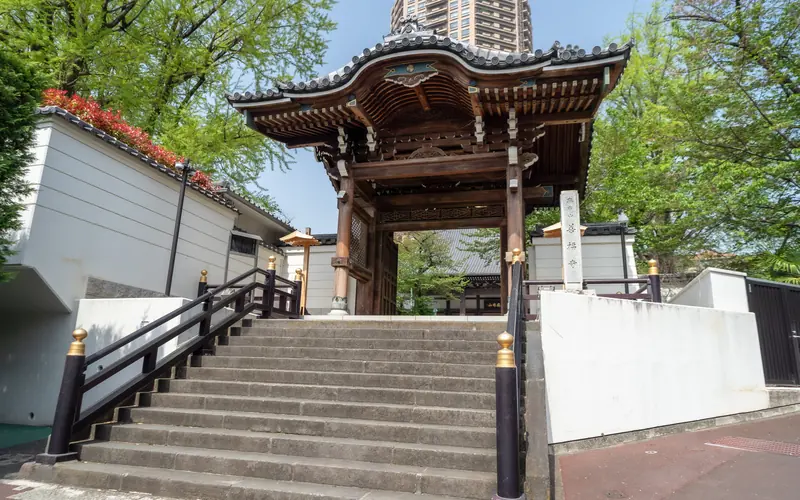 麻布山会館の山門と石段(近め)