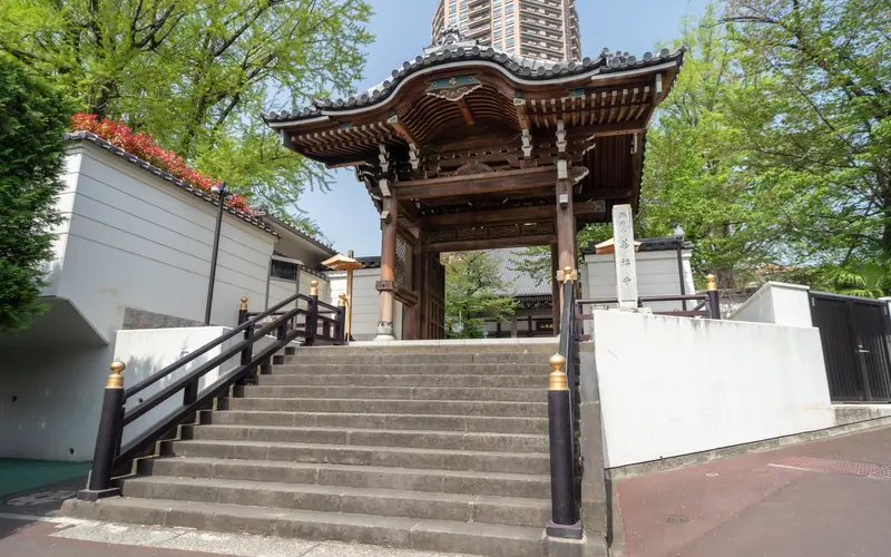麻布山会館の山門と石段(近め・右寄り)