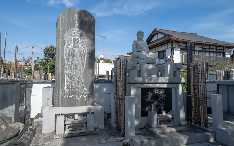 萬福寺会館の境内の供養碑と仏像