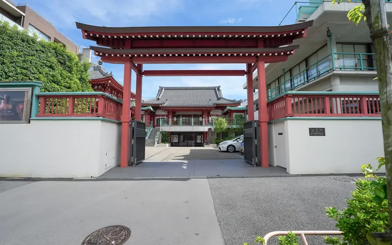 法乗院寿宝殿の山門と本堂の遠景