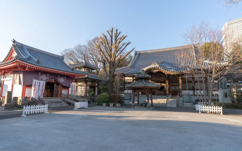 成願寺 長者閣の境内の広場と本堂(左寄り)