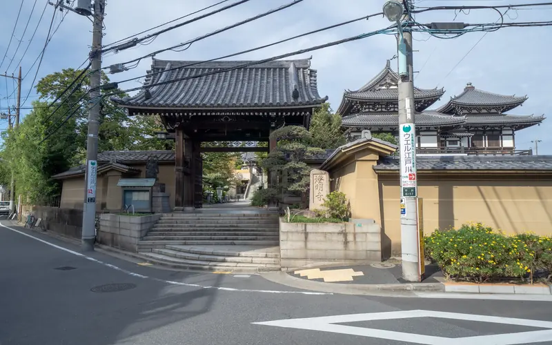 燈明寺(明聖会館)の山門と本堂(遠景)
